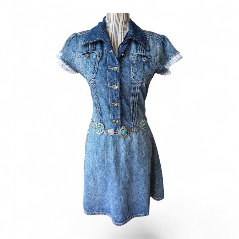DKNY Jeans Y2K Western Boho Denim Dress Button Front Cap Sleeve S​